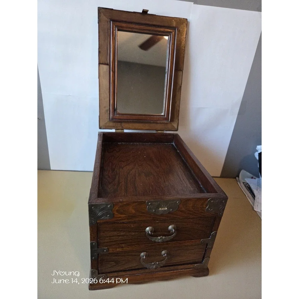 Vintage Antique Travel Jewelry Box Inlaid Mirror Floral Etched Brass Wood *READ*